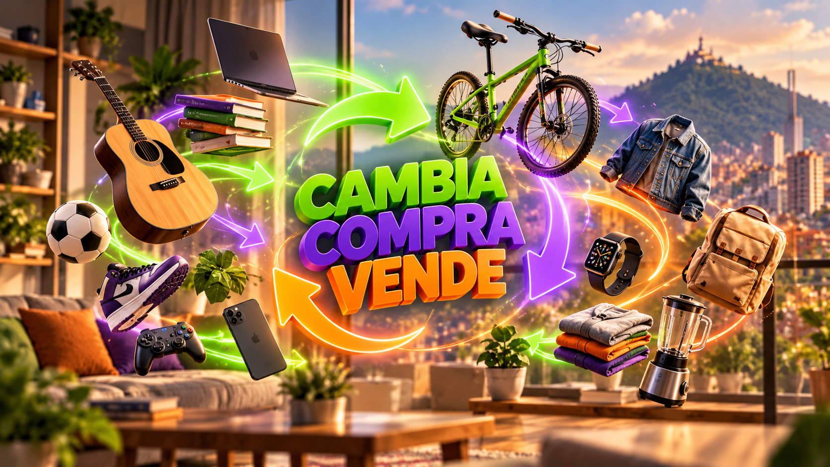 CambiaCompraVende: bicicleta, guitarra, laptop, ropa y otros artículos en circulación sobre un fondo de Bogotá con Monserrate