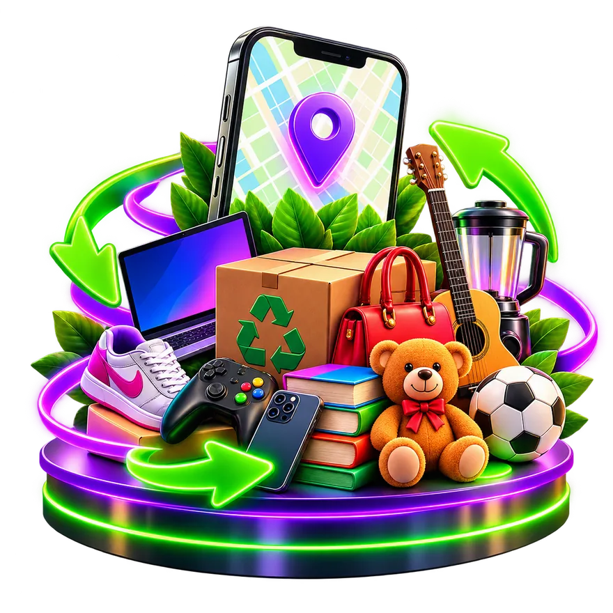 Celular con mapa de Bogotá sobre un podio rodeado de artículos para cambiar, comprar, vender o regalar: laptop, tenis, guitarra, libros, peluche, balón y más